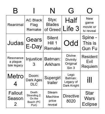 Game Awards 2025 Bingo Card