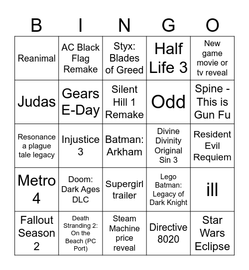 Game Awards 2025 Bingo Card