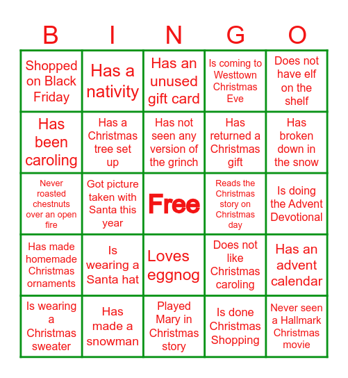 Christmas Ice Breaker Bingo Card