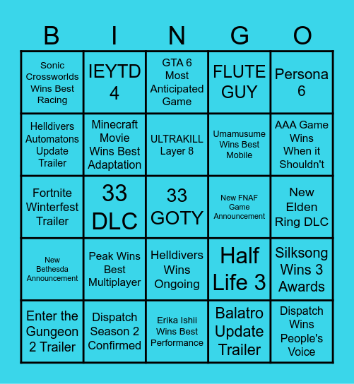 Game Awards 2025 Bingo Card