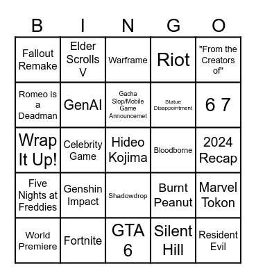 Game Awards 2025 Bingo Card