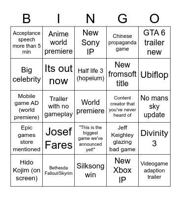Game awards 205 Bingo Card