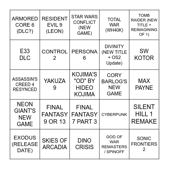 THE GAME AWARDS 2026 Bingo Card