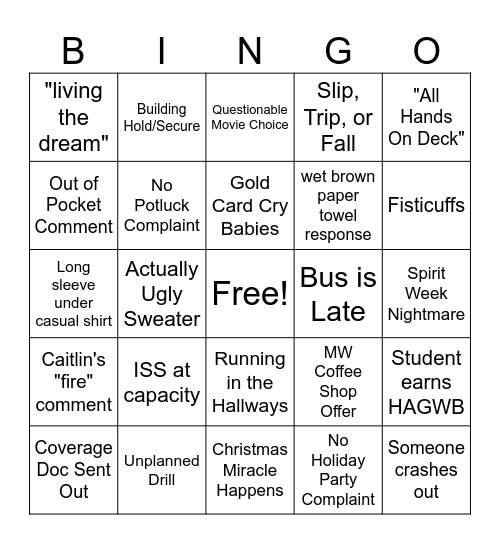 Winter Break Bingo Card