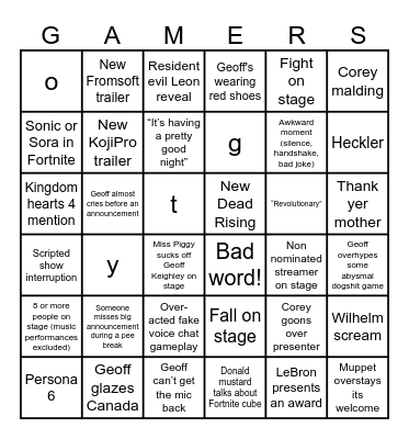 COREY GAME AWARDS BINGO Card