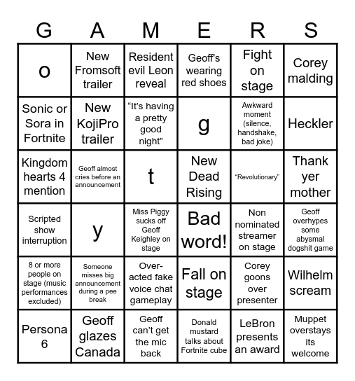 COREY GAME AWARDS BINGO Card