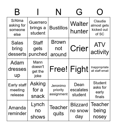 Broad MHS Bingo Card