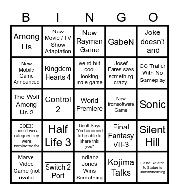Game Awards 2025 Bingo Card