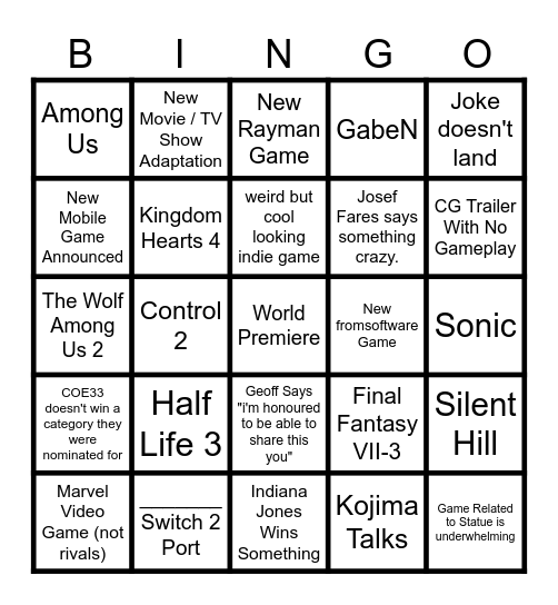 Game Awards 2025 Bingo Card