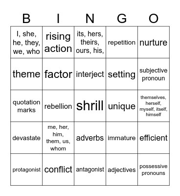 Vocabulary List 5 plus... Bingo Card