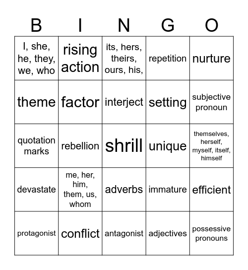 Vocabulary List 5 plus... Bingo Card