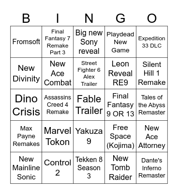 Game Awards Bingo Card
