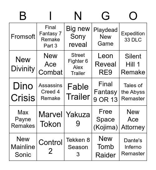Game Awards Bingo Card