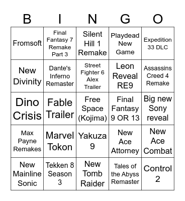Game Awards Bingo Card