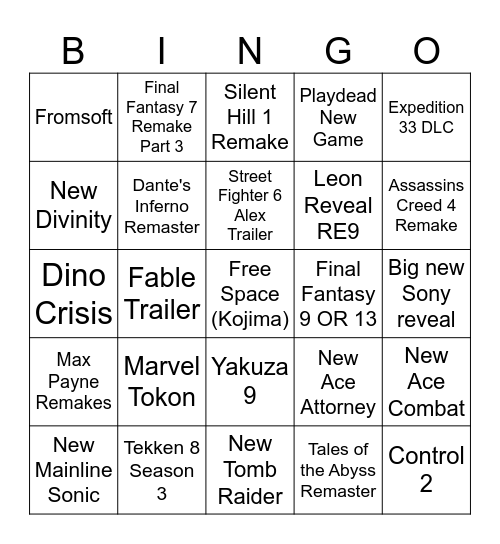 Game Awards Bingo Card