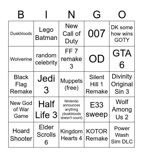 Ethan's Game Awards 2025 Bingo Card