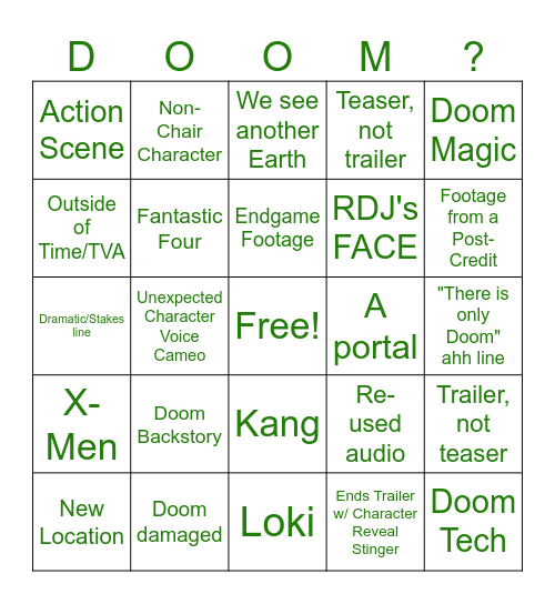 AVENGERS DOOMSDAY "TRAILER" BINGO Card