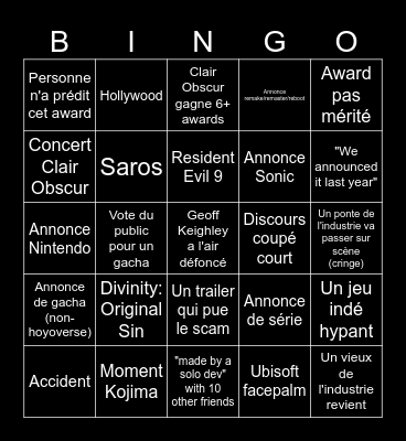 Game Awards 2025 Bingo Card