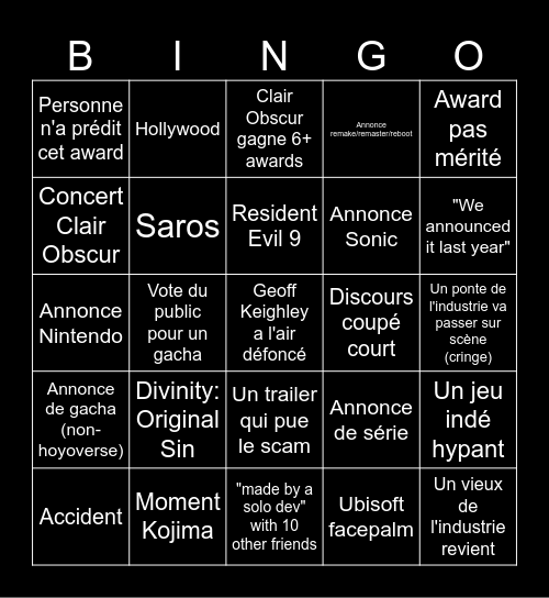 Game Awards 2025 Bingo Card