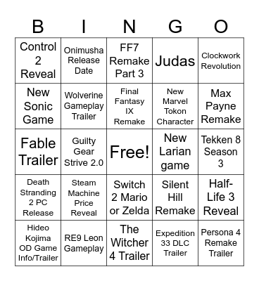 The Game Awards 2025 Bingo Card