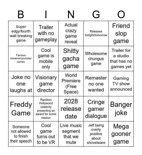 Game awards 2025 Bingo Card
