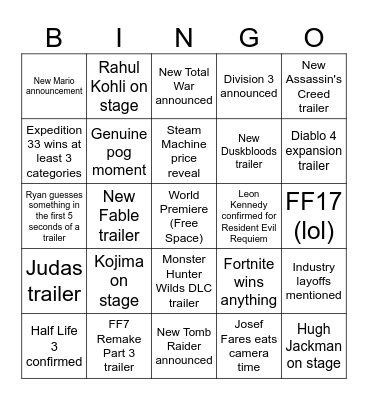 TGA Bingo Card