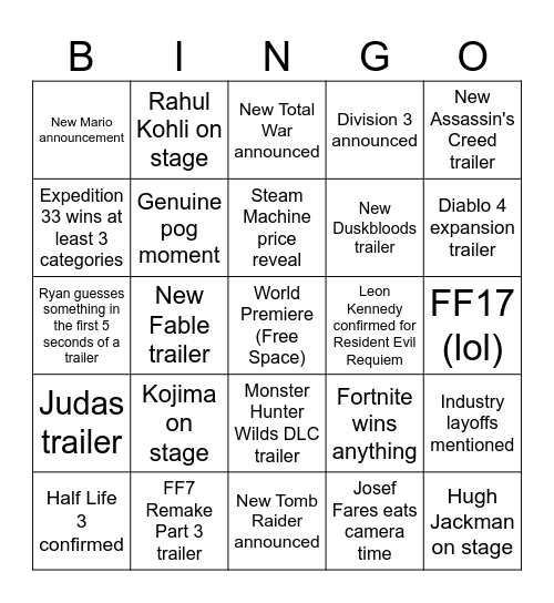 TGA Bingo Card