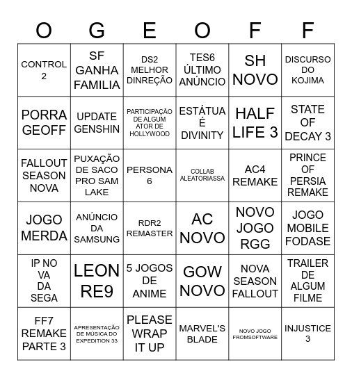 TGA Bingo Card