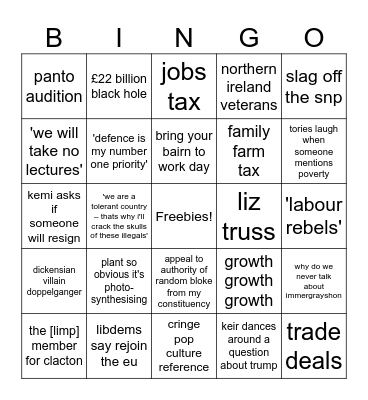 PMQs Bingo Card