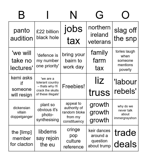 PMQs Bingo Card