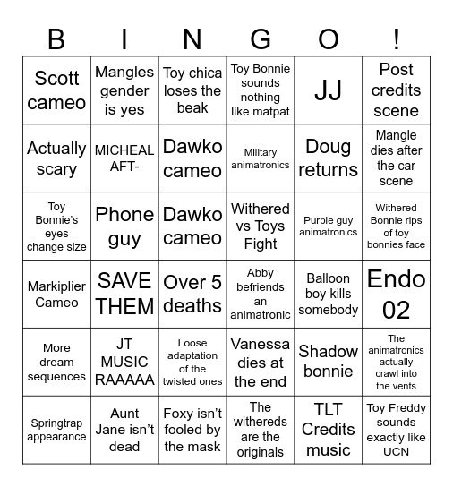 FNAF 2 Bingo Card