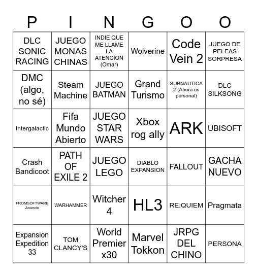 GOTY 2025 Bingo Card