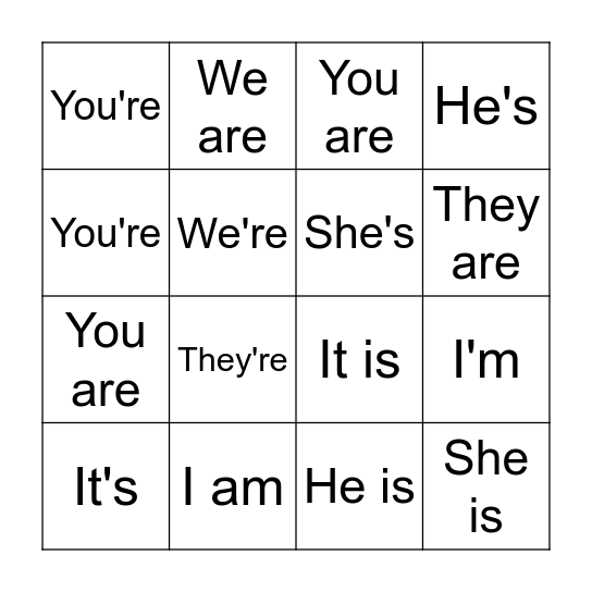Contractions Bingo Card