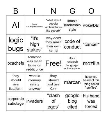 Rust on HN Bingo Card