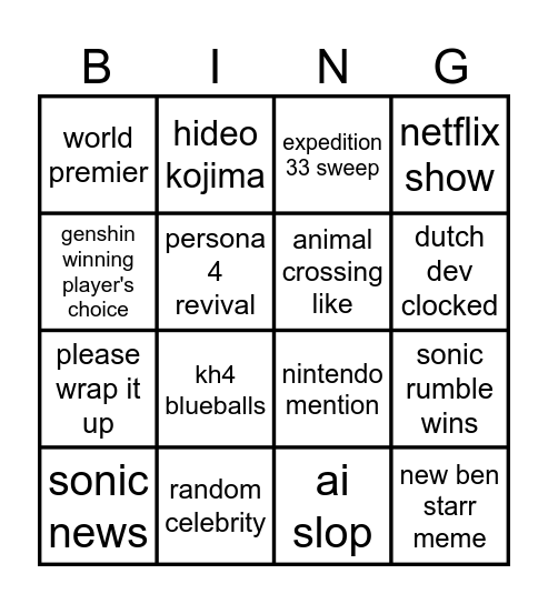 tga Bingo Card