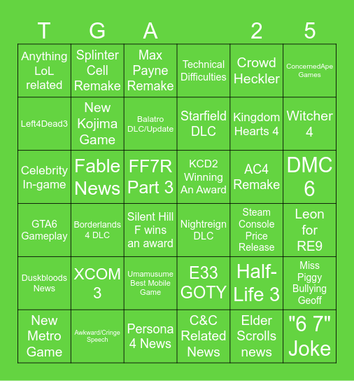 The Game Awards Checklist 2025 Bingo Card