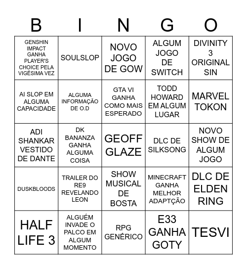 BINGO TGA Bingo Card