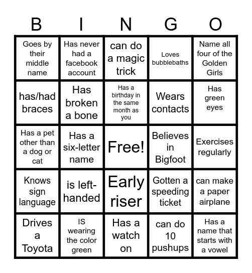 Getting to Know You Bingo Card