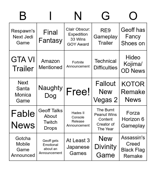 TGA Bingo Card