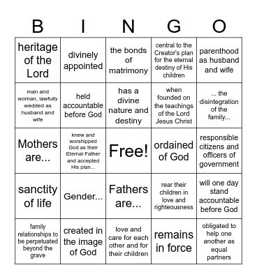 Family Proclamation Bingo Card