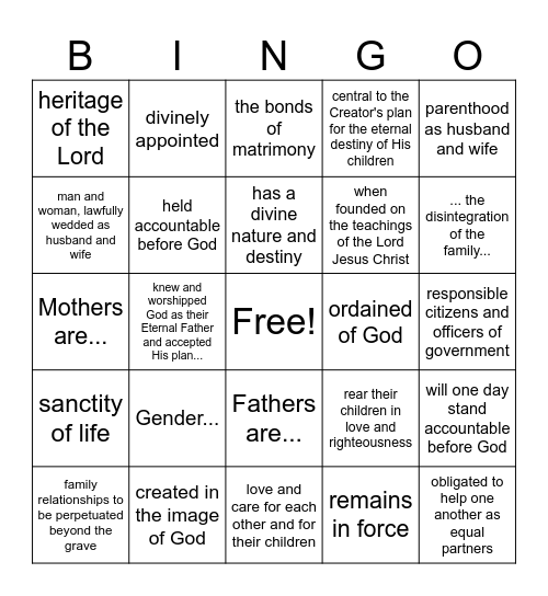 Family Proclamation Bingo Card