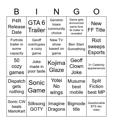 GameAward25 Bingo Card