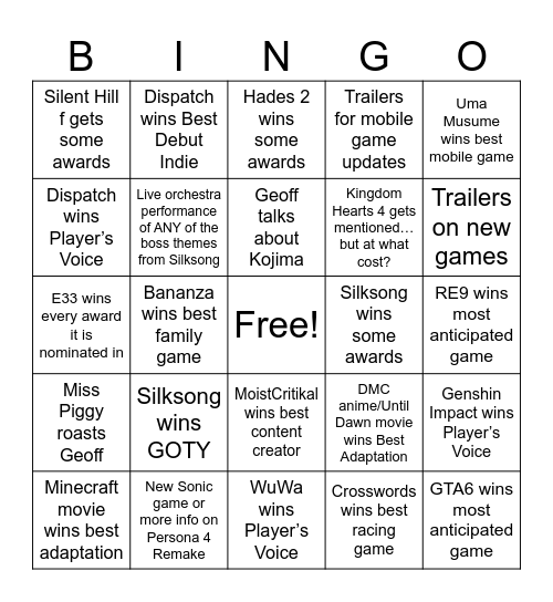 2025 Game Awards Bingo Card