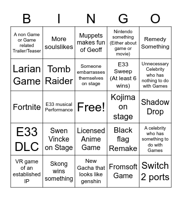 Game Awards 2025 Bingo Card