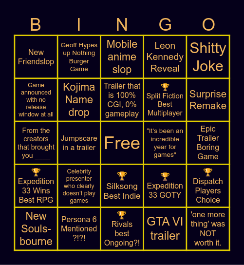Game Awards 2025 Bingo Card