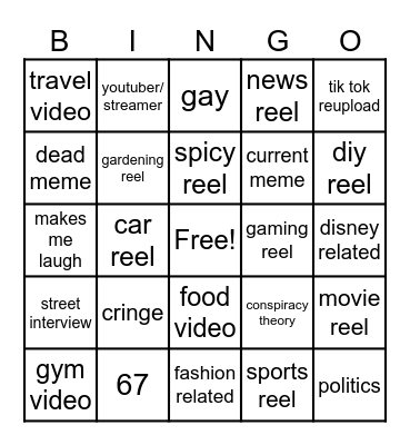 Instagram reel bingo Card