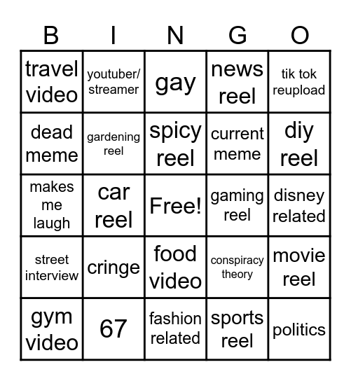 Instagram reel bingo Card