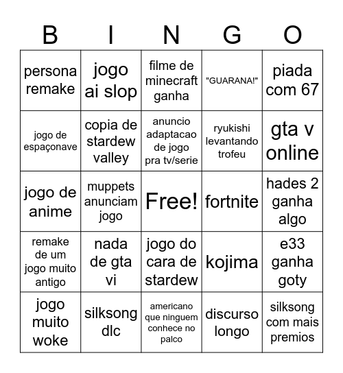 tga Bingo Card