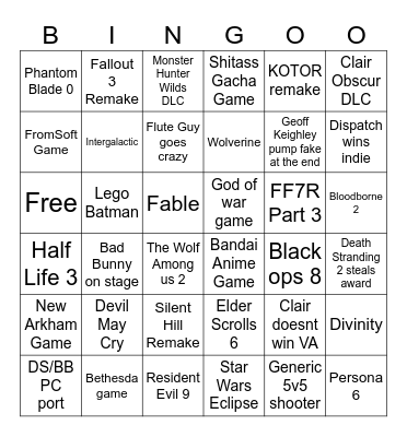 The Game Awards Bingo Card