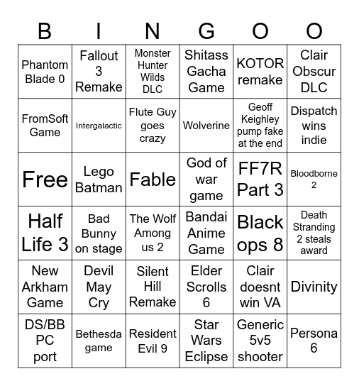 The Game Awards Bingo Card